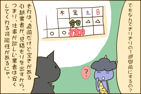 「でもなんでぎりぎりの1週間前にするの？」「それは、直前だけど空きがある引越業者が見積もりを出すから。つまり、仕事が欲しい業者は安くしてくれる可能性があるにゃ。」